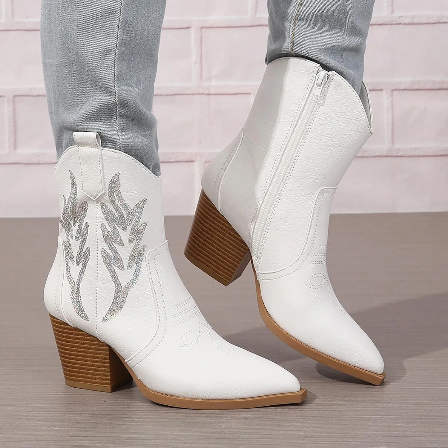 ZBYY Women's Western Cowboy Cowgirl Ankle Booties Embroidered Pointed Toe Chunky Heel Zipper Pull on Fashion Western Booties