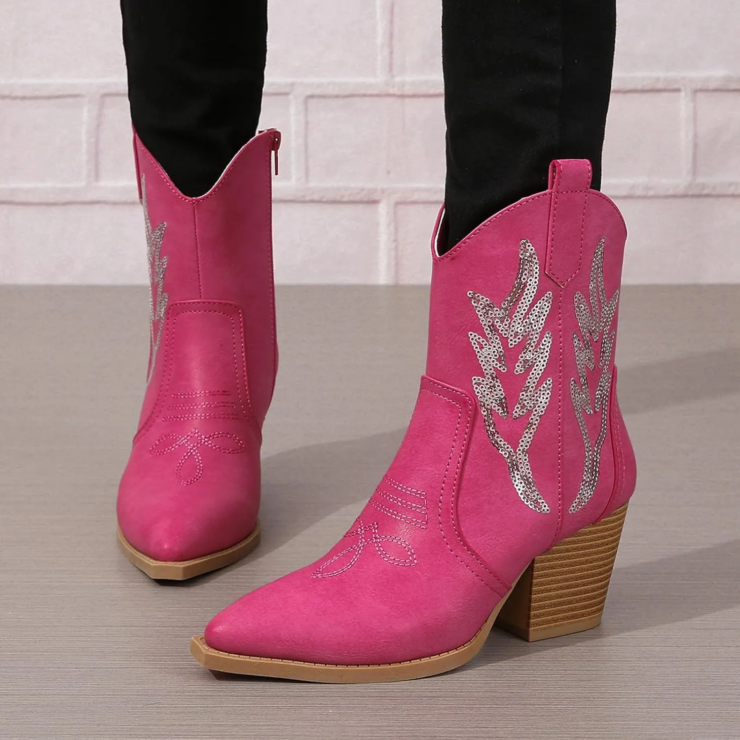 ZBYY Women's Western Cowboy Cowgirl Ankle Booties Embroidered Pointed Toe Chunky Heel Zipper Pull on Fashion Western Booties
