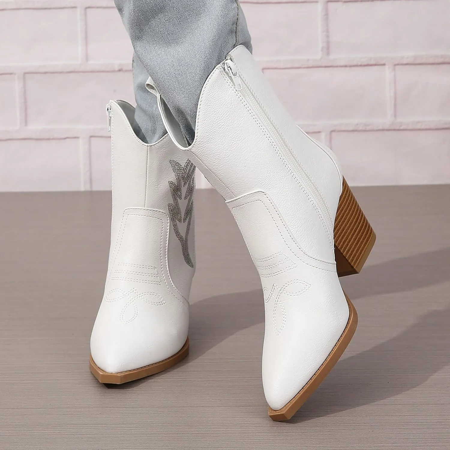 ZBYY Women's Western Cowboy Cowgirl Ankle Booties Embroidered Pointed Toe Chunky Heel Zipper Pull on Fashion Western Booties
