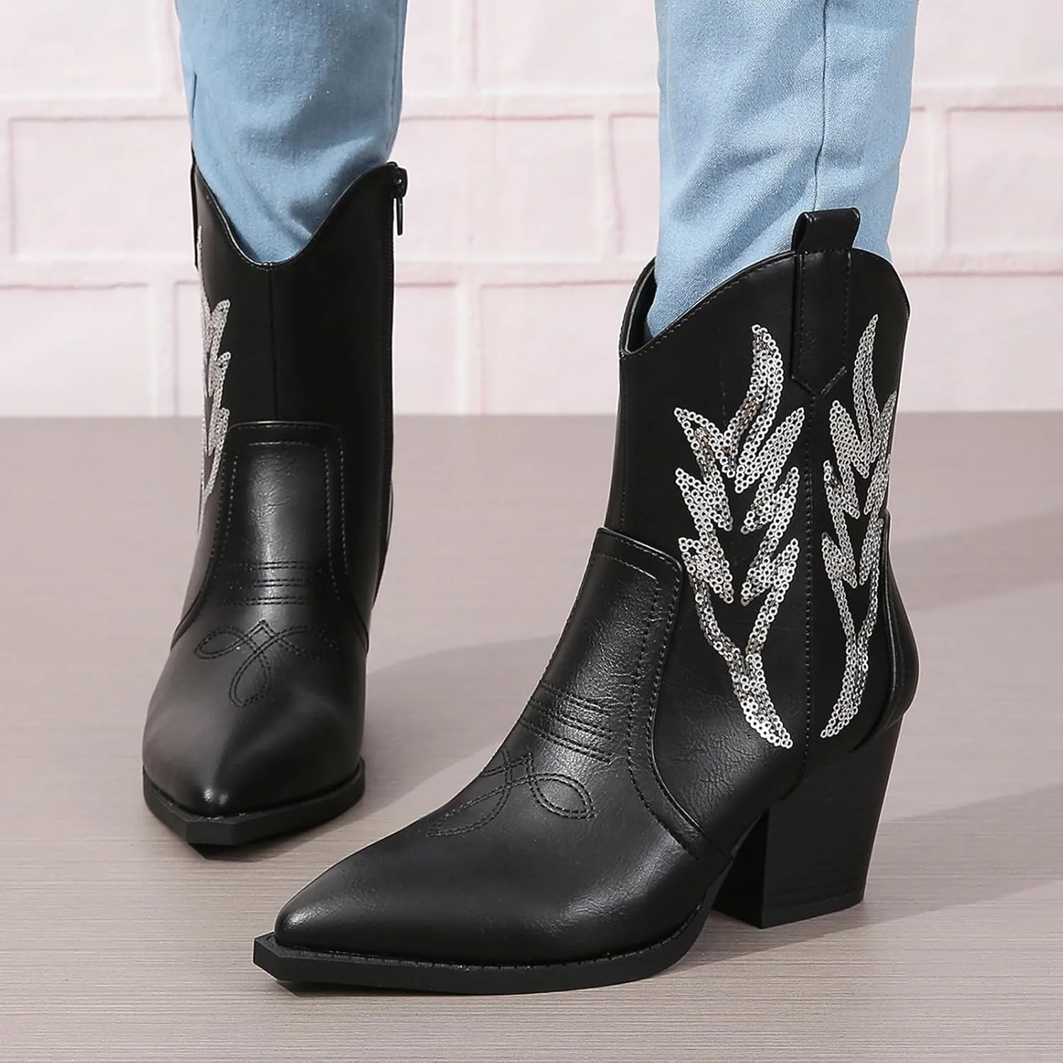 ZBYY Women's Western Cowboy Cowgirl Ankle Booties Embroidered Pointed Toe Chunky Heel Zipper Pull on Fashion Western Booties