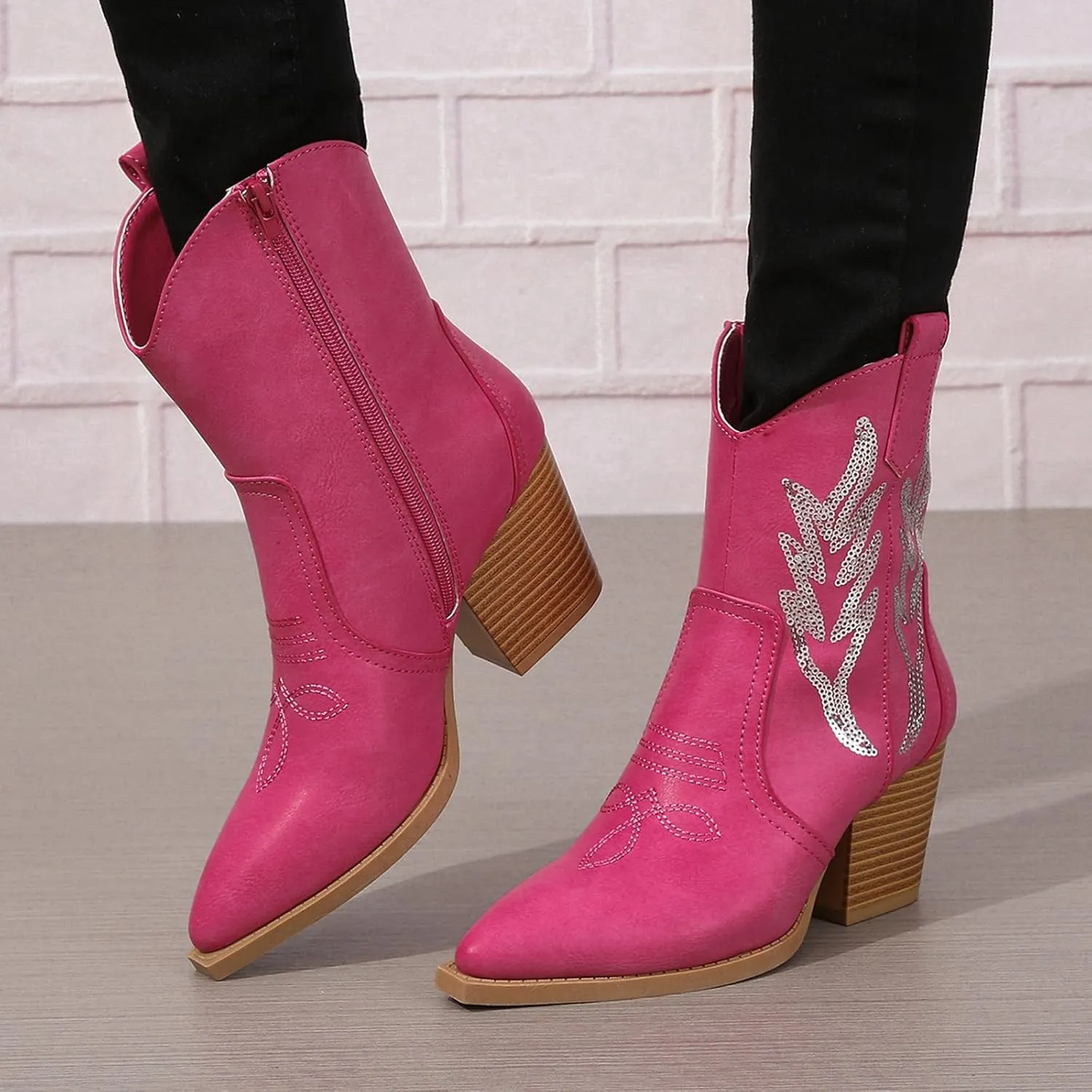 ZBYY Women's Western Cowboy Cowgirl Ankle Booties Embroidered Pointed Toe Chunky Heel Zipper Pull on Fashion Western Booties