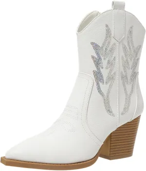 ZBYY Women's Western Cowboy Cowgirl Ankle Booties Embroidered Pointed Toe Chunky Heel Zipper Pull on Fashion Western Booties