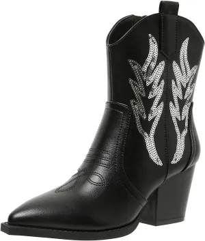 ZBYY Women's Western Cowboy Cowgirl Ankle Booties Embroidered Pointed Toe Chunky Heel Zipper Pull on Fashion Western Booties