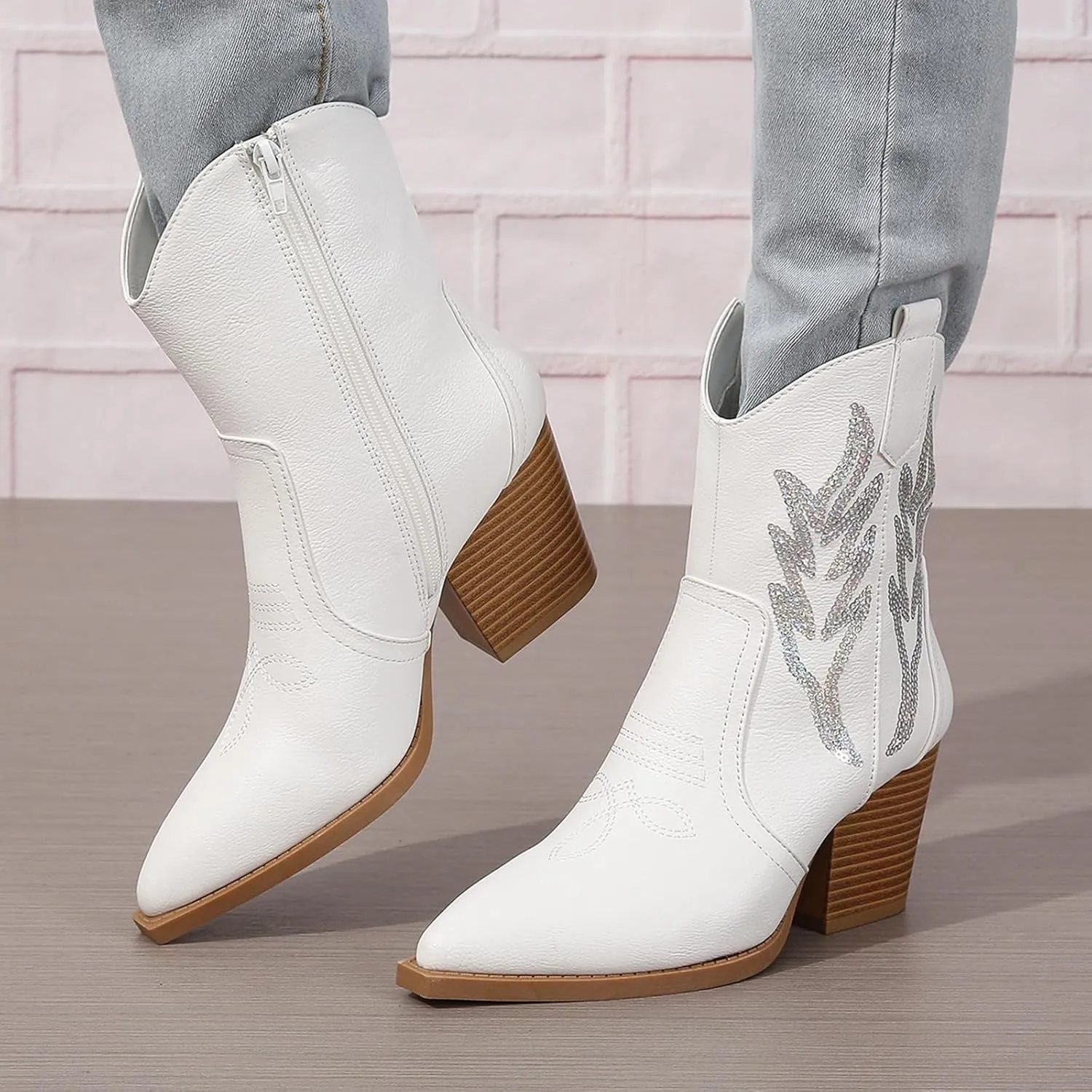 ZBYY Women's Western Cowboy Cowgirl Ankle Booties Embroidered Pointed Toe Chunky Heel Zipper Pull on Fashion Western Booties