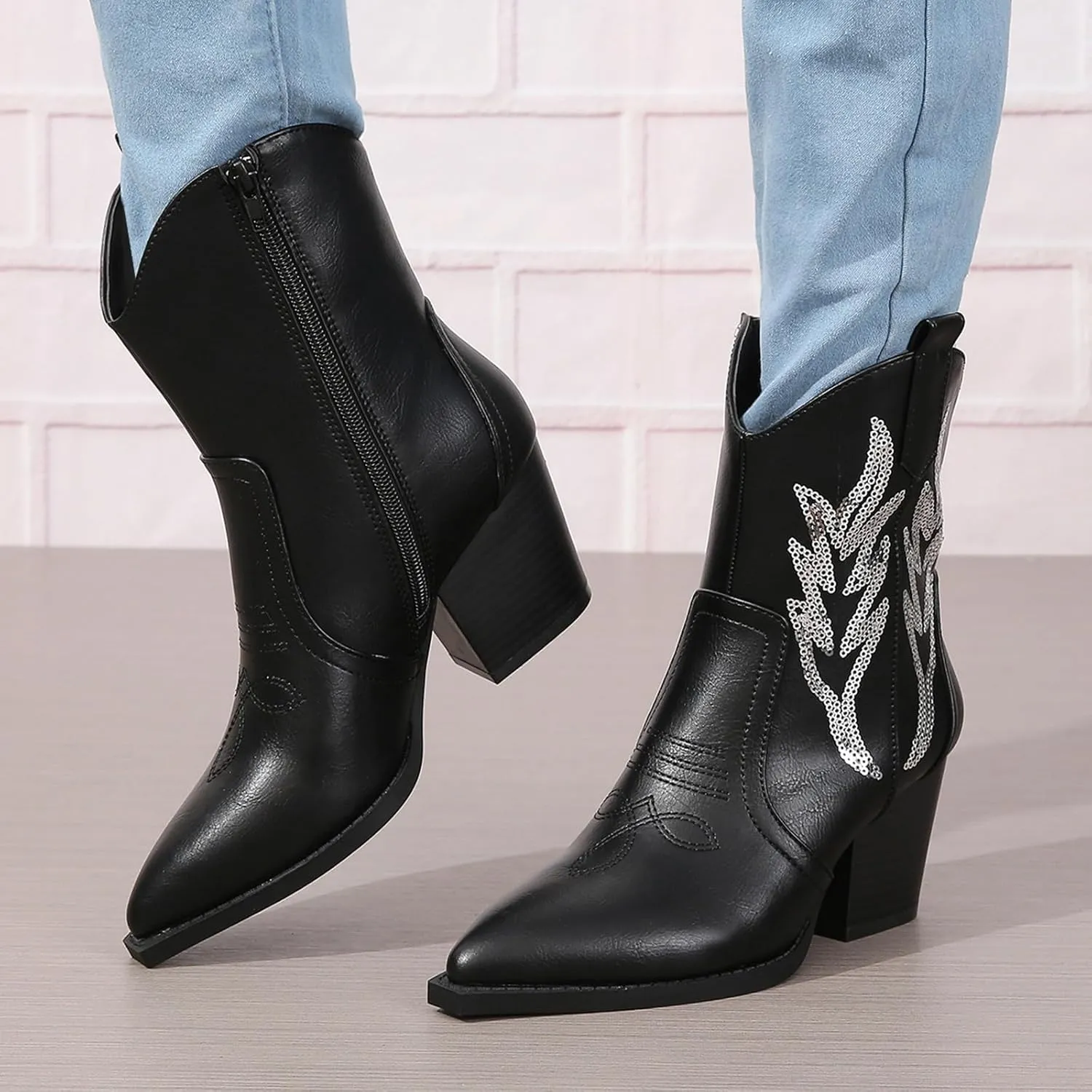 ZBYY Women's Western Cowboy Cowgirl Ankle Booties Embroidered Pointed Toe Chunky Heel Zipper Pull on Fashion Western Booties