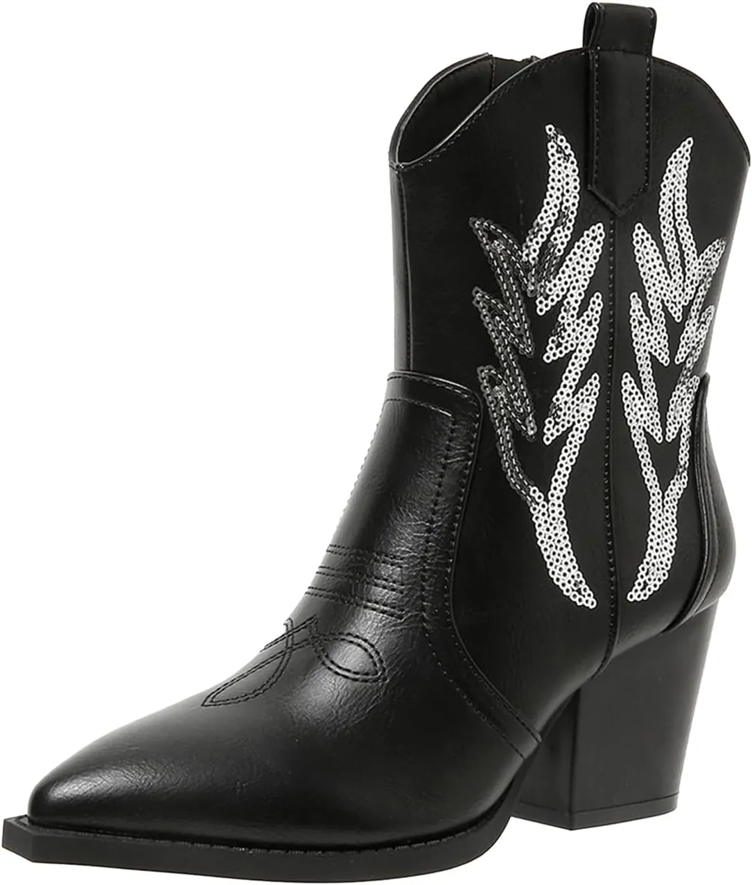ZBYY Women's Western Cowboy Cowgirl Ankle Booties Embroidered Pointed Toe Chunky Heel Zipper Pull on Fashion Western Booties