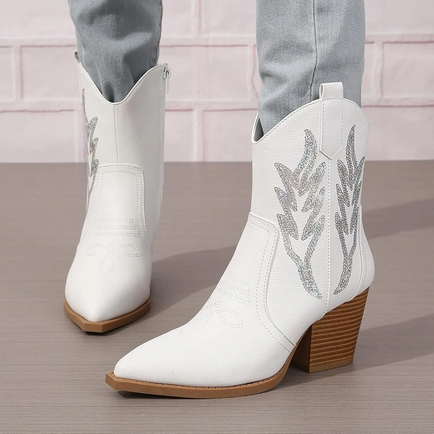ZBYY Women's Western Cowboy Cowgirl Ankle Booties Embroidered Pointed Toe Chunky Heel Zipper Pull on Fashion Western Booties