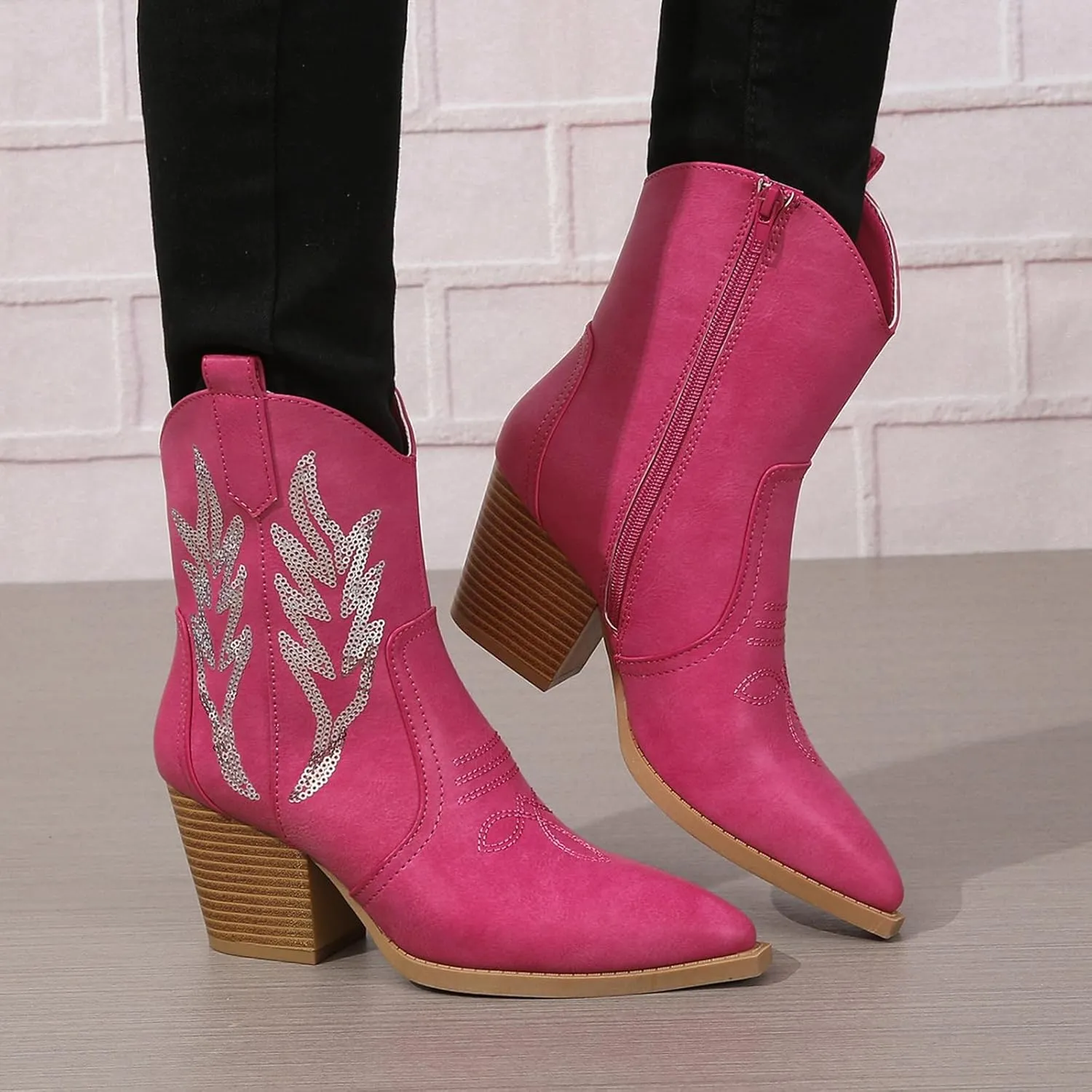 ZBYY Women's Western Cowboy Cowgirl Ankle Booties Embroidered Pointed Toe Chunky Heel Zipper Pull on Fashion Western Booties