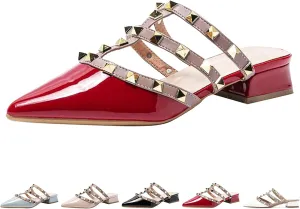 Zeberfi Women's Patent Leather Closed Pointed Toe Rivet Heeled Sandals Fashion Multi Band Studded Slingback Chunky Mid Heel Work Pumps Slippers