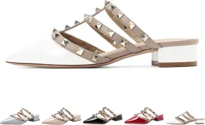 Zeberfi Women's Patent Leather Closed Pointed Toe Rivet Heeled Sandals Fashion Multi Band Studded Slingback Chunky Mid Heel Work Pumps Slippers