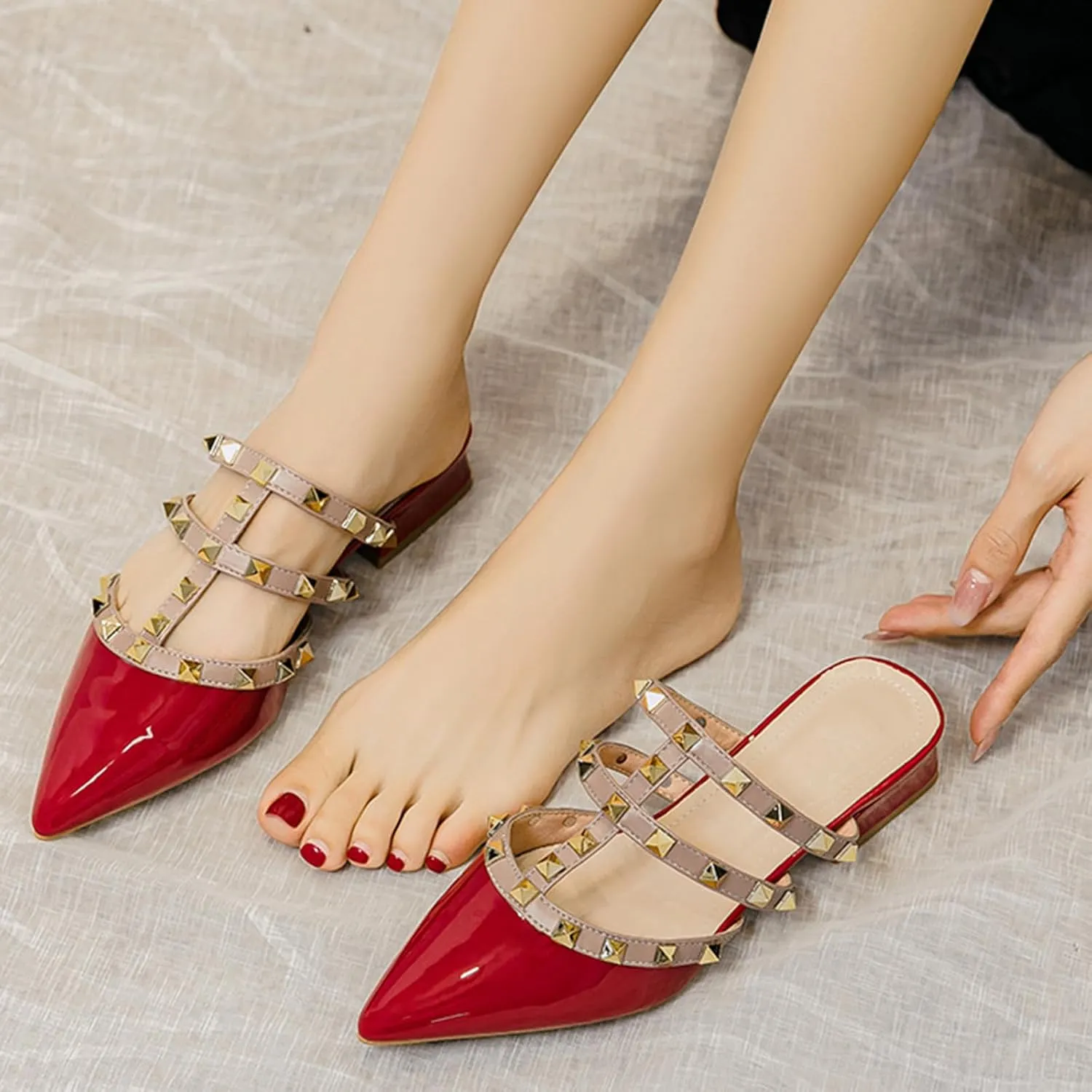 Zeberfi Women's Patent Leather Closed Pointed Toe Rivet Heeled Sandals Fashion Multi Band Studded Slingback Chunky Mid Heel Work Pumps Slippers
