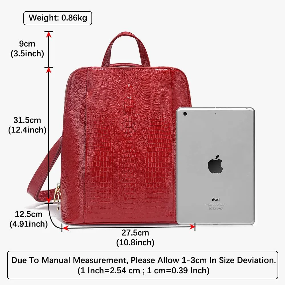 zency 100% Genuine Leather Knapsack Ladies Alligator Pattern Women Backpack For Work Laptop (Dark Red)
