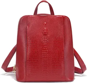 zency 100% Genuine Leather Knapsack Ladies Alligator Pattern Women Backpack For Work Laptop (Dark Red)