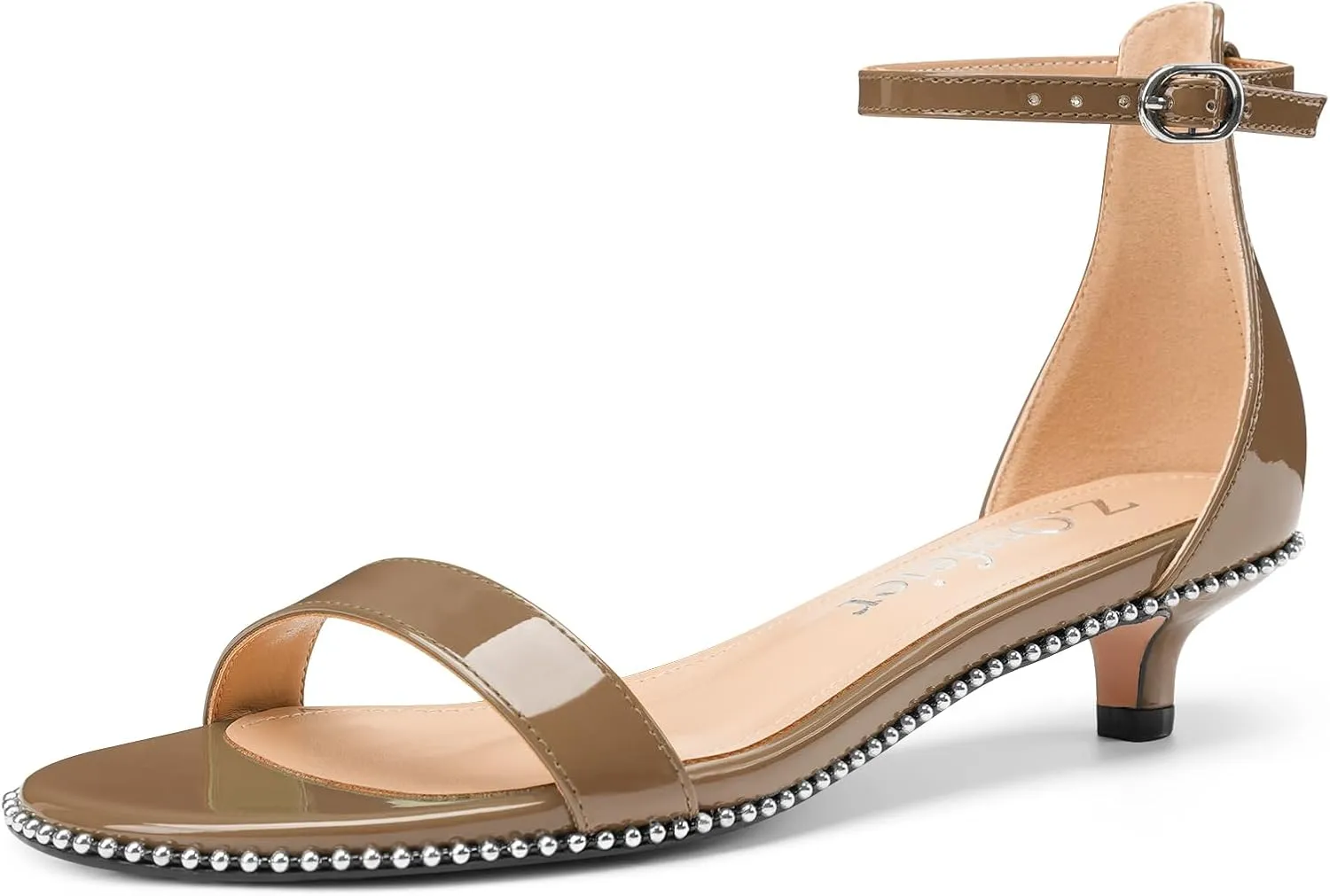 Z.Oufeier Women's Low Kitten Heels Open Peep Toe Ankle Strap Studded Buckle Dressy Heeled Sandals Beaded Patent Leather Summer Prom Party Shoes