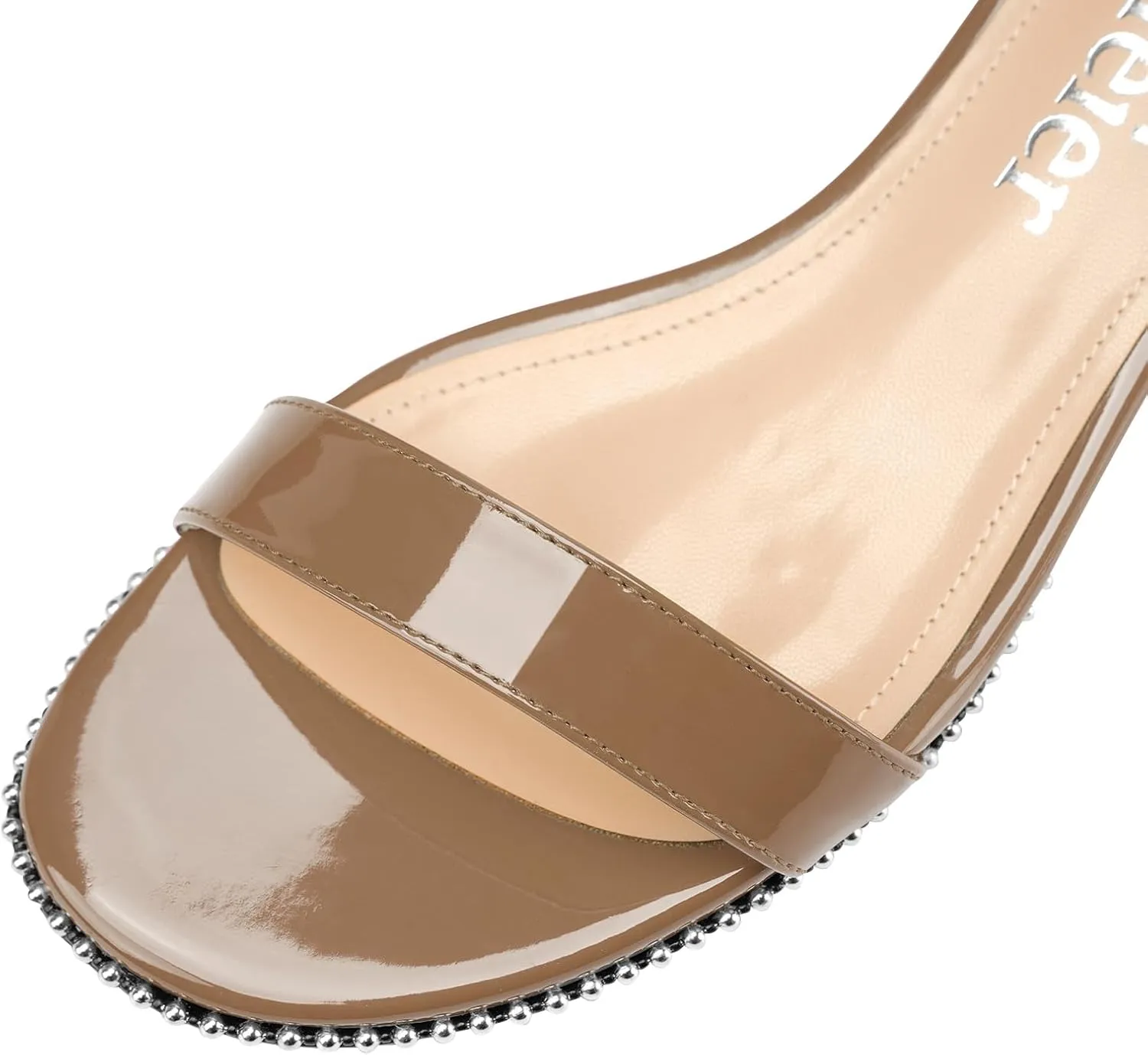 Z.Oufeier Women's Low Kitten Heels Open Peep Toe Ankle Strap Studded Buckle Dressy Heeled Sandals Beaded Patent Leather Summer Prom Party Shoes