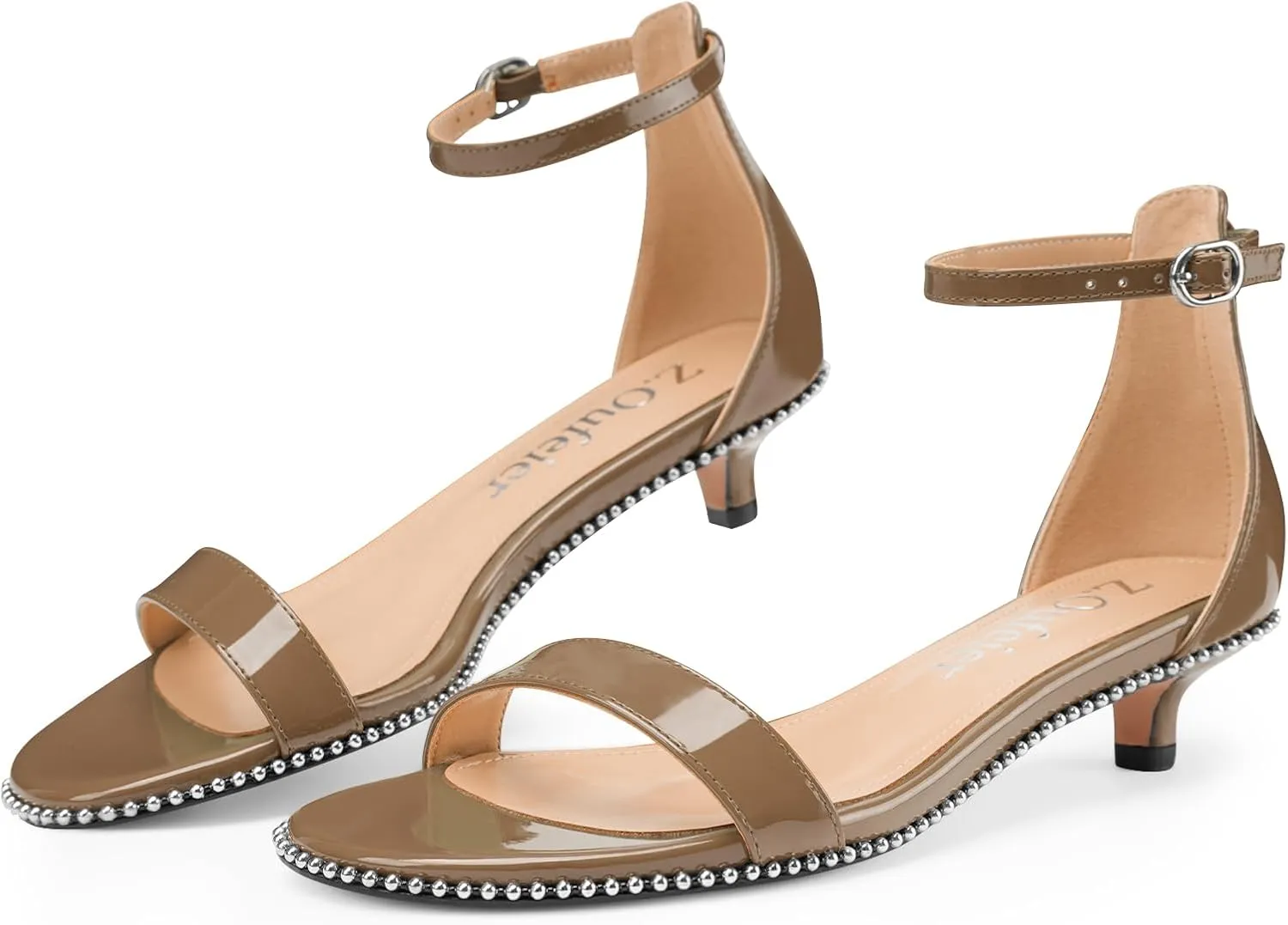 Z.Oufeier Women's Low Kitten Heels Open Peep Toe Ankle Strap Studded Buckle Dressy Heeled Sandals Beaded Patent Leather Summer Prom Party Shoes