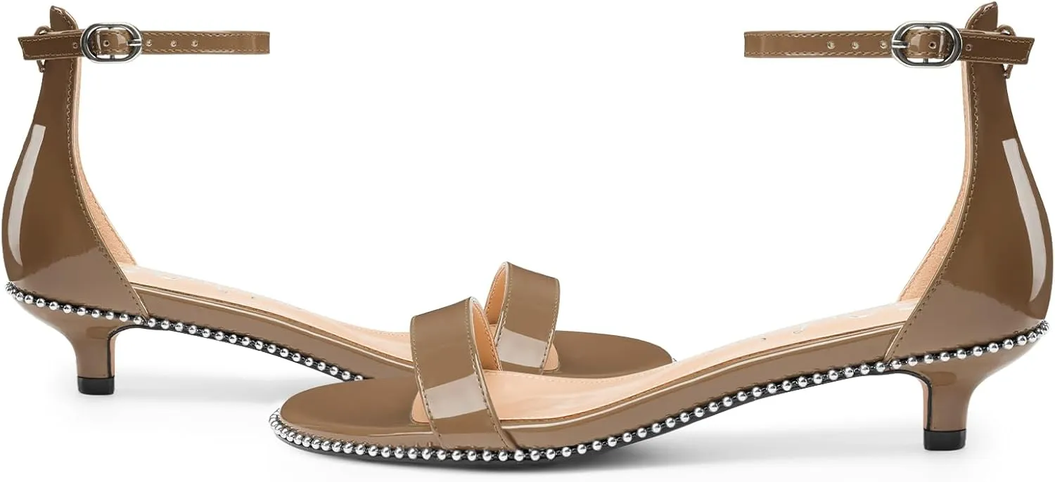 Z.Oufeier Women's Low Kitten Heels Open Peep Toe Ankle Strap Studded Buckle Dressy Heeled Sandals Beaded Patent Leather Summer Prom Party Shoes