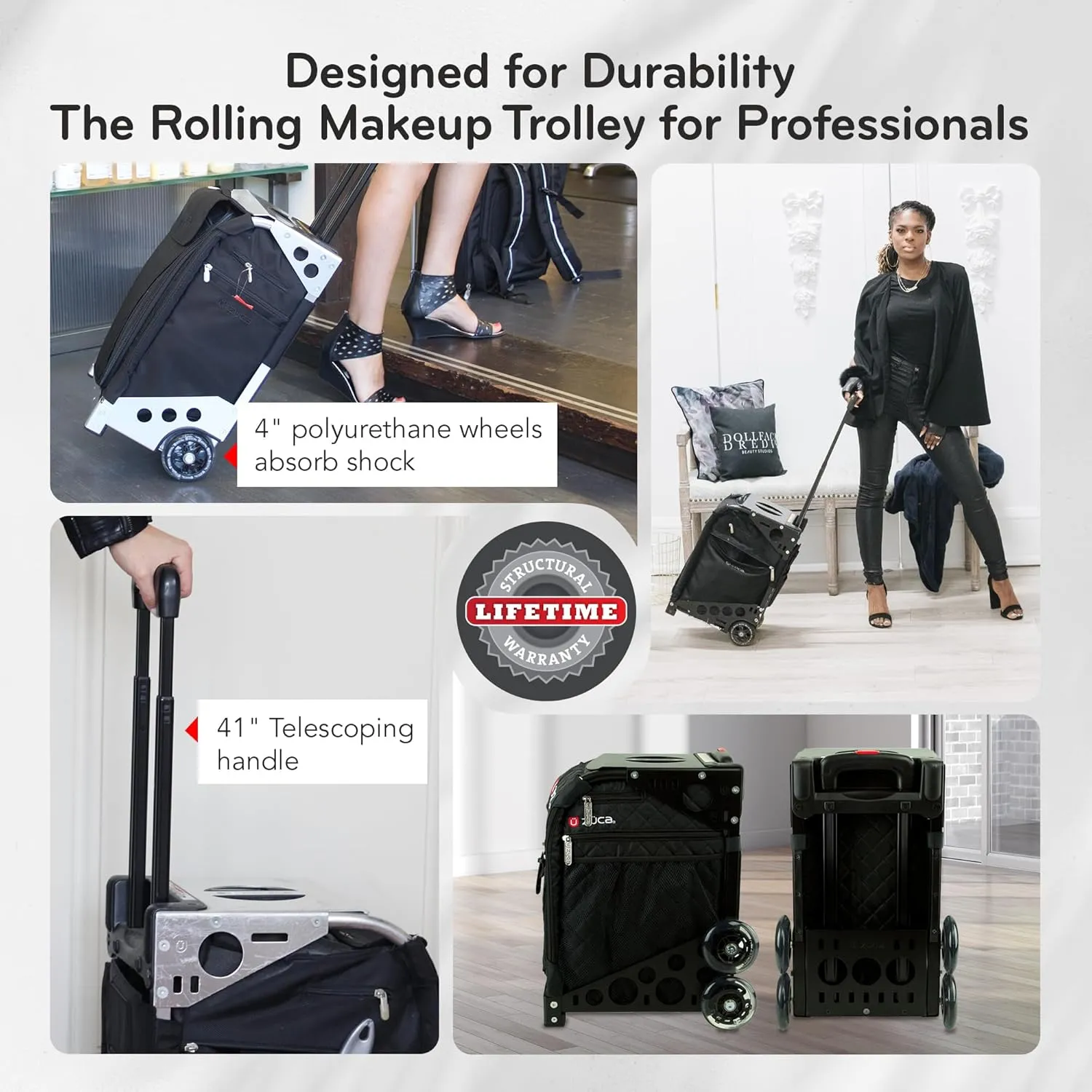 ZUCA Travel Cases for Artists and Professionals - Makeup Case with 5 Vinyl Utility Pouches, Travel Cover, 41" Telescoping Handle, Rolling Wheels & Sturdy Aluminum Frame for Makeup Artists and Creative